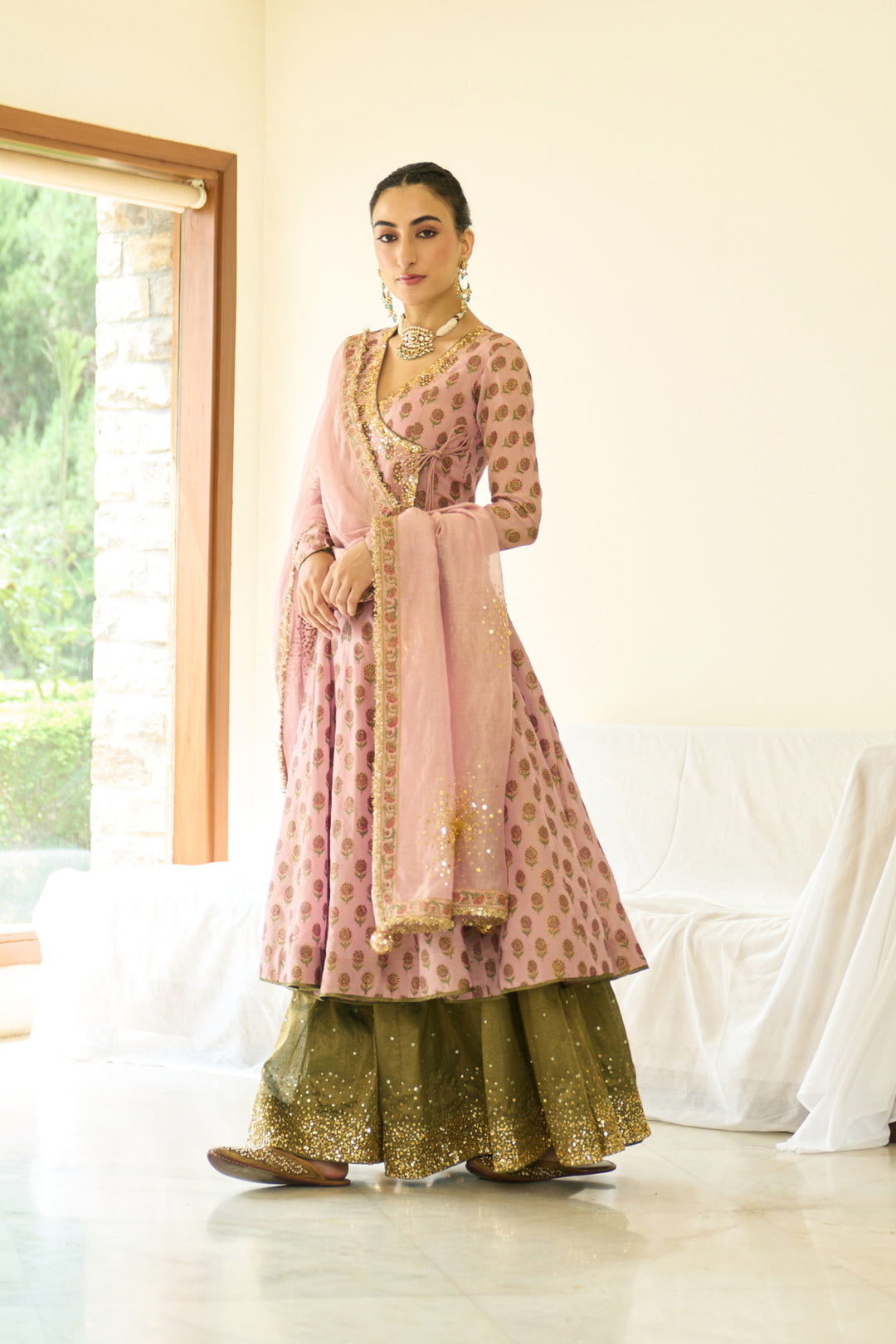 Saanjh sequins pink hand block printed angrakha with sharara and dupatta ( set of 3)