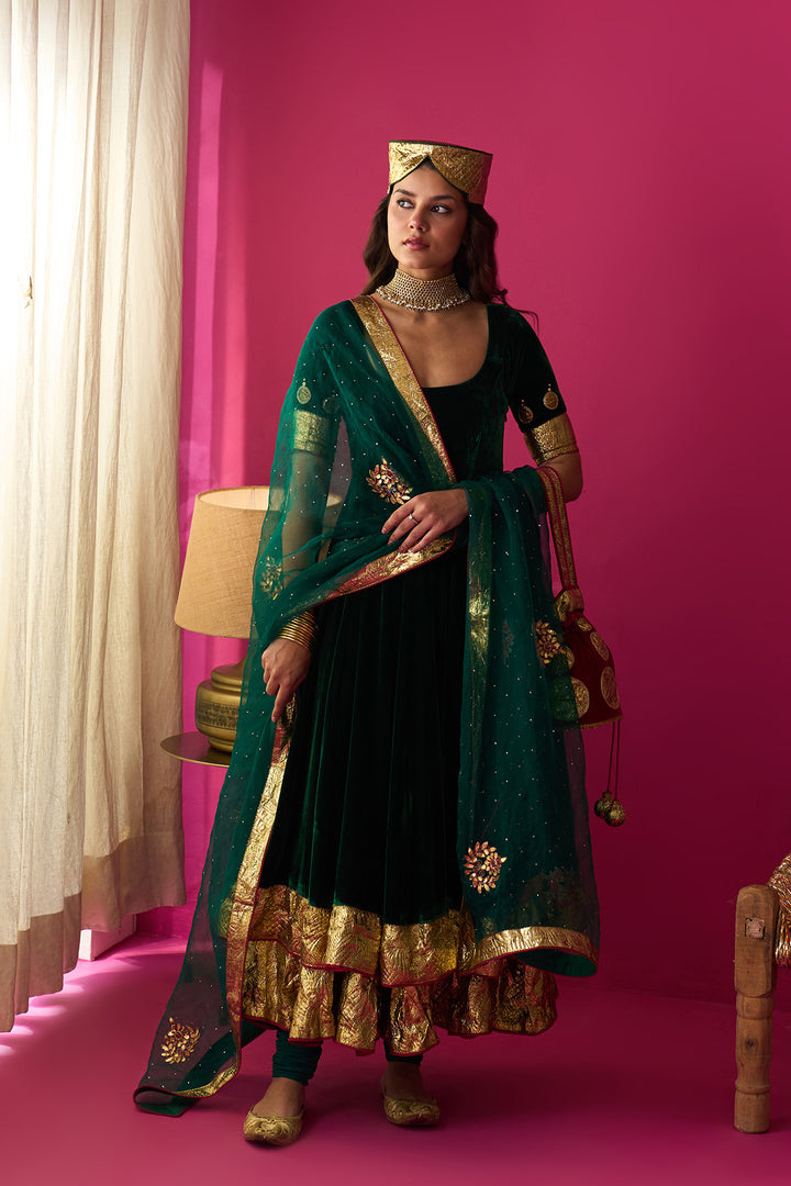 Nur green silk velvet double layer anarkali with chooridar and dupatta (set of 3)