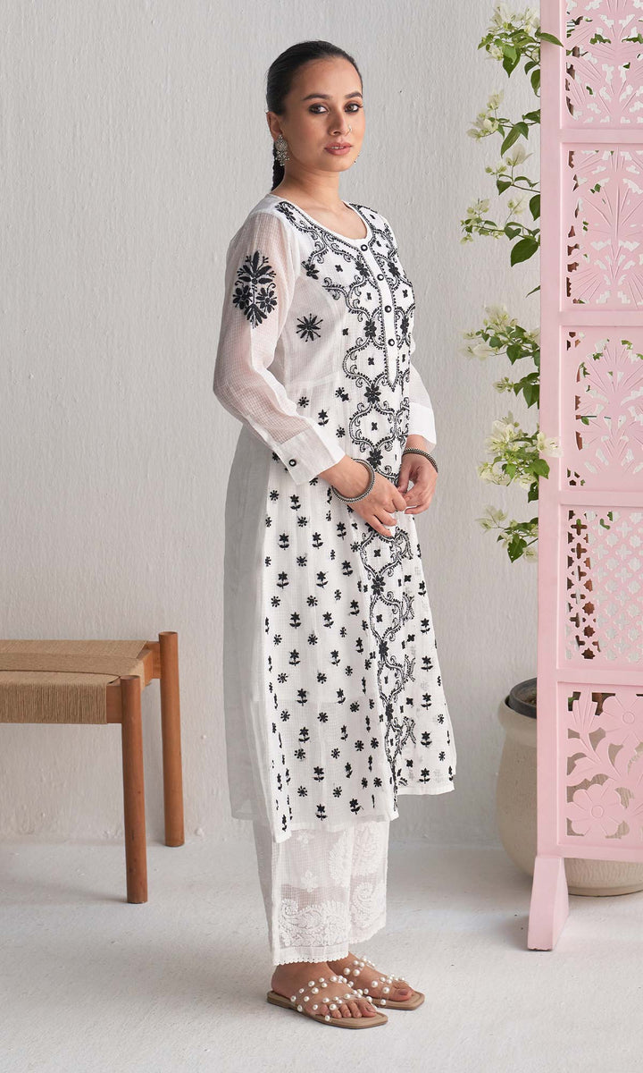 Handcrafted Chikankari White  A-Line with Inner