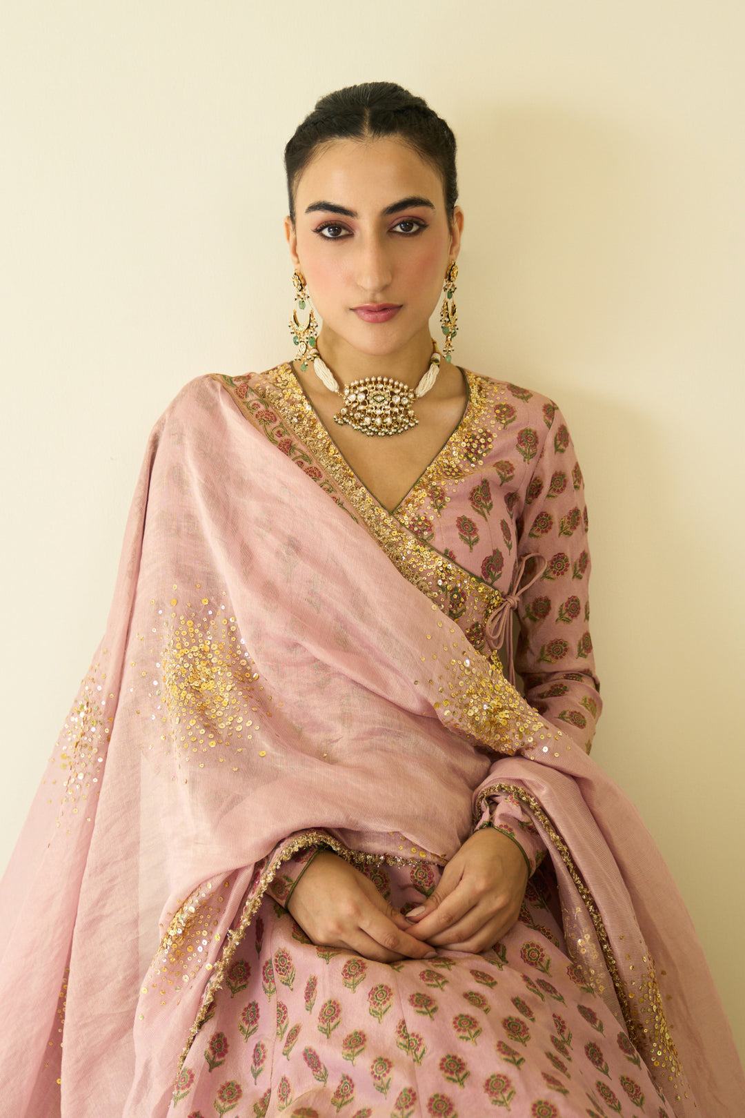 Saanjh sequins pink hand block printed angrakha with sharara and dupatta ( set of 3)
