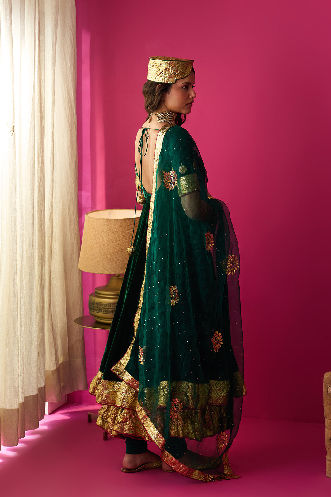 Nur green silk velvet double layer anarkali with chooridar and dupatta (set of 3)