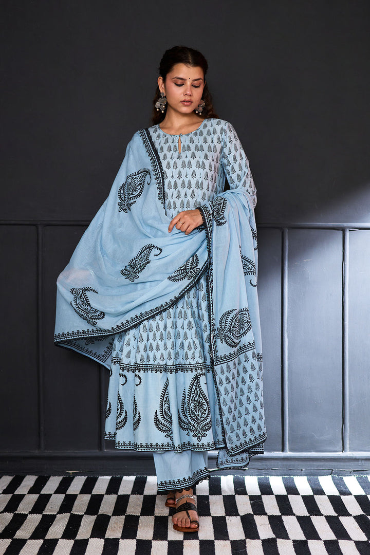 Siyahi blue block printed anarkali with solid palazzo and printed dupatta ( set of 3 )