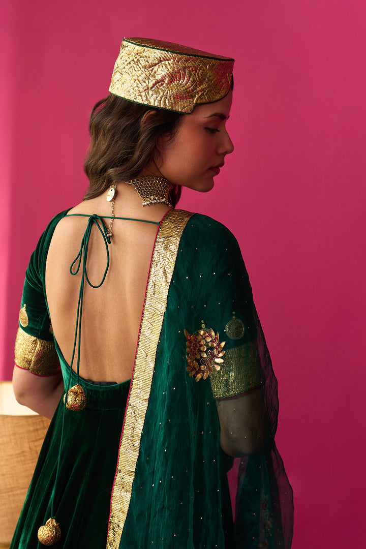 Nur green silk velvet double layer anarkali with chooridar and dupatta (set of 3)