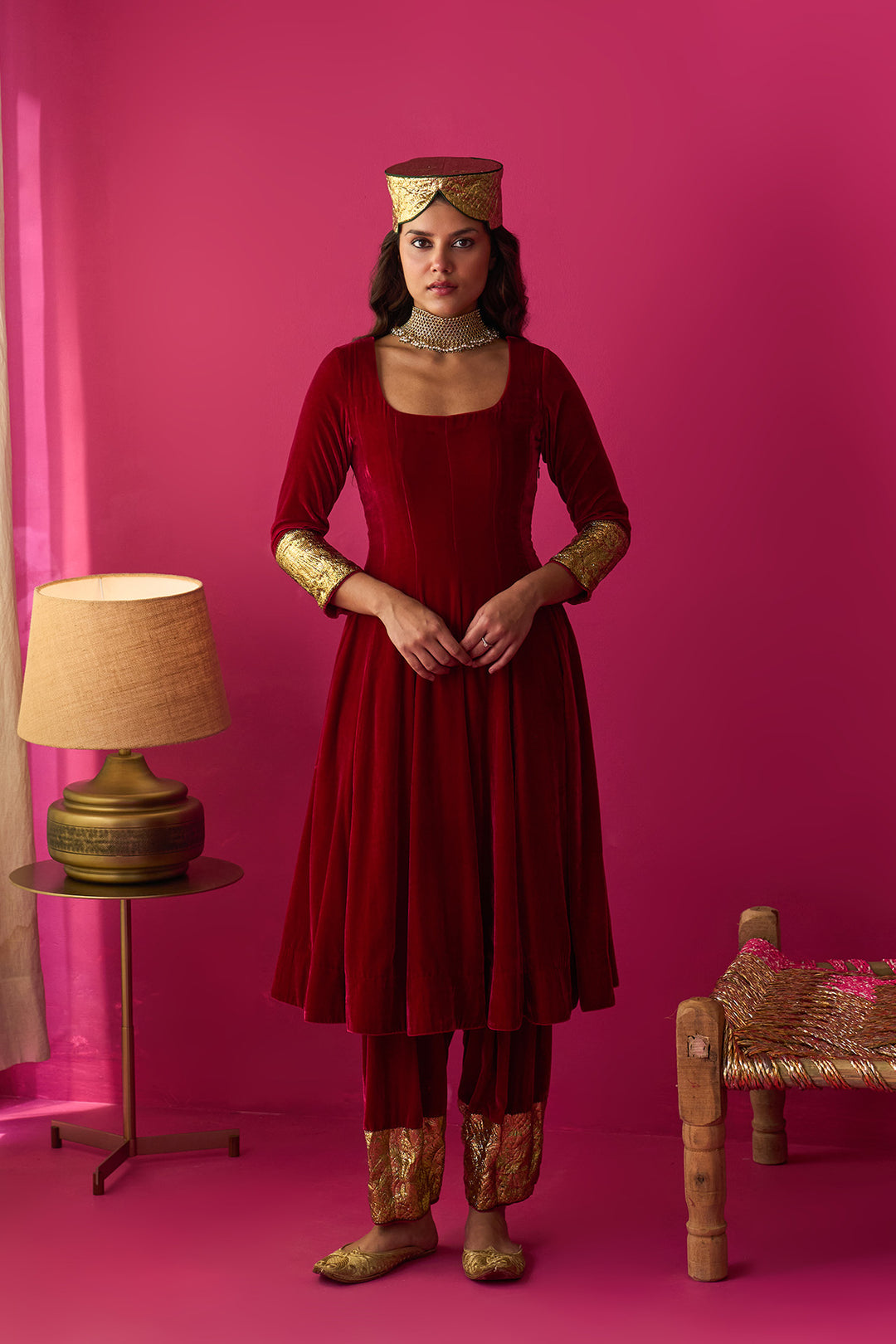 Nur pink silk velvet kurta with salwar and dupatta (set of 3)