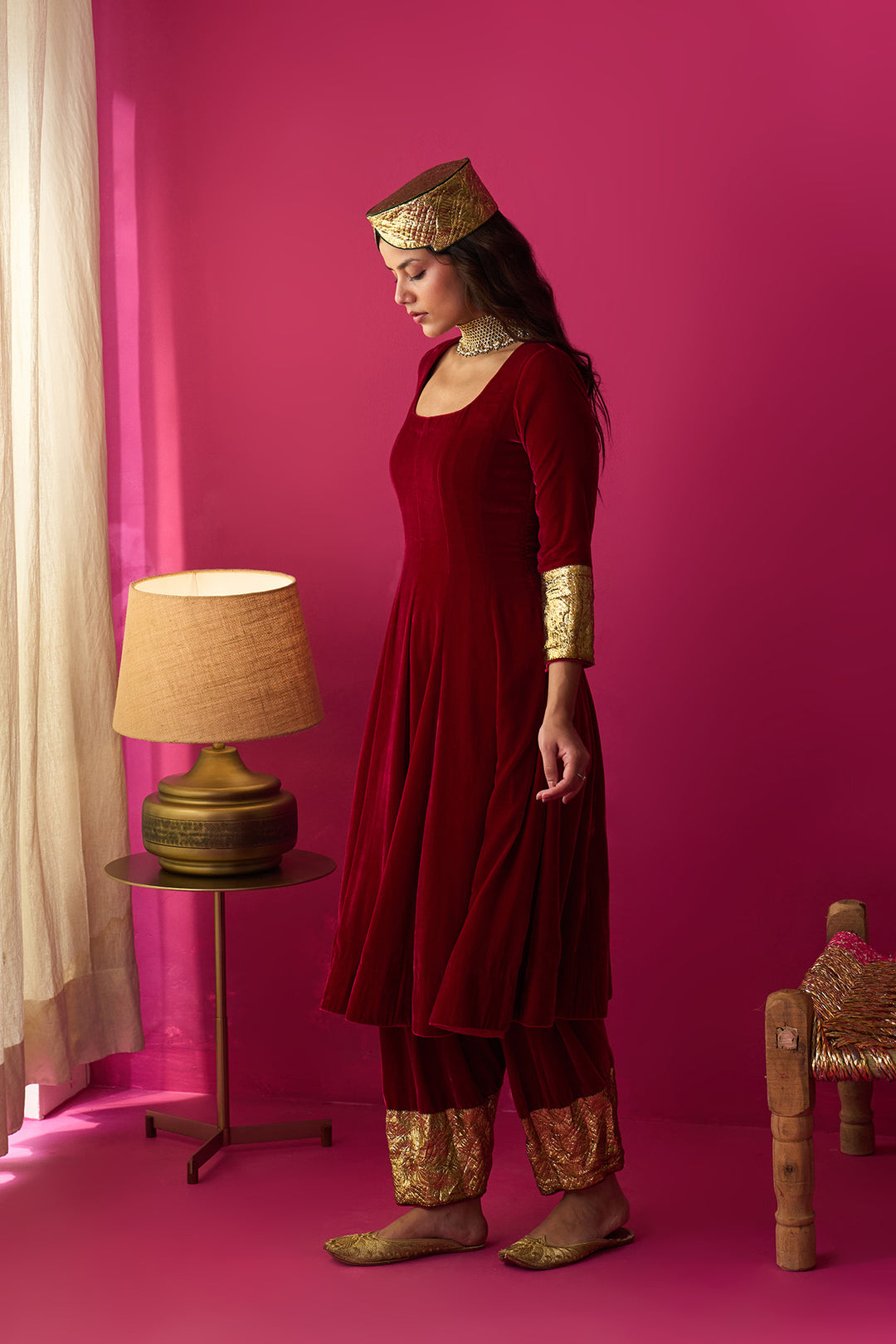 Nur pink silk velvet kurta with salwar and shawl (set of 3)