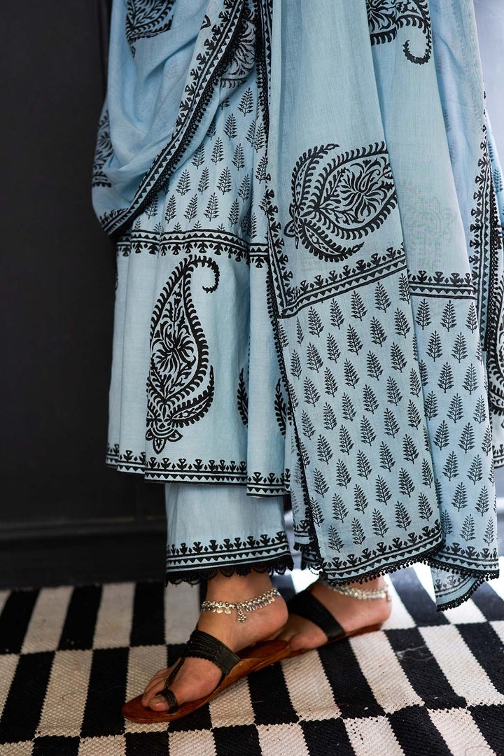 Siyahi blue block printed anarkali with solid palazzo and printed dupatta ( set of 3 )