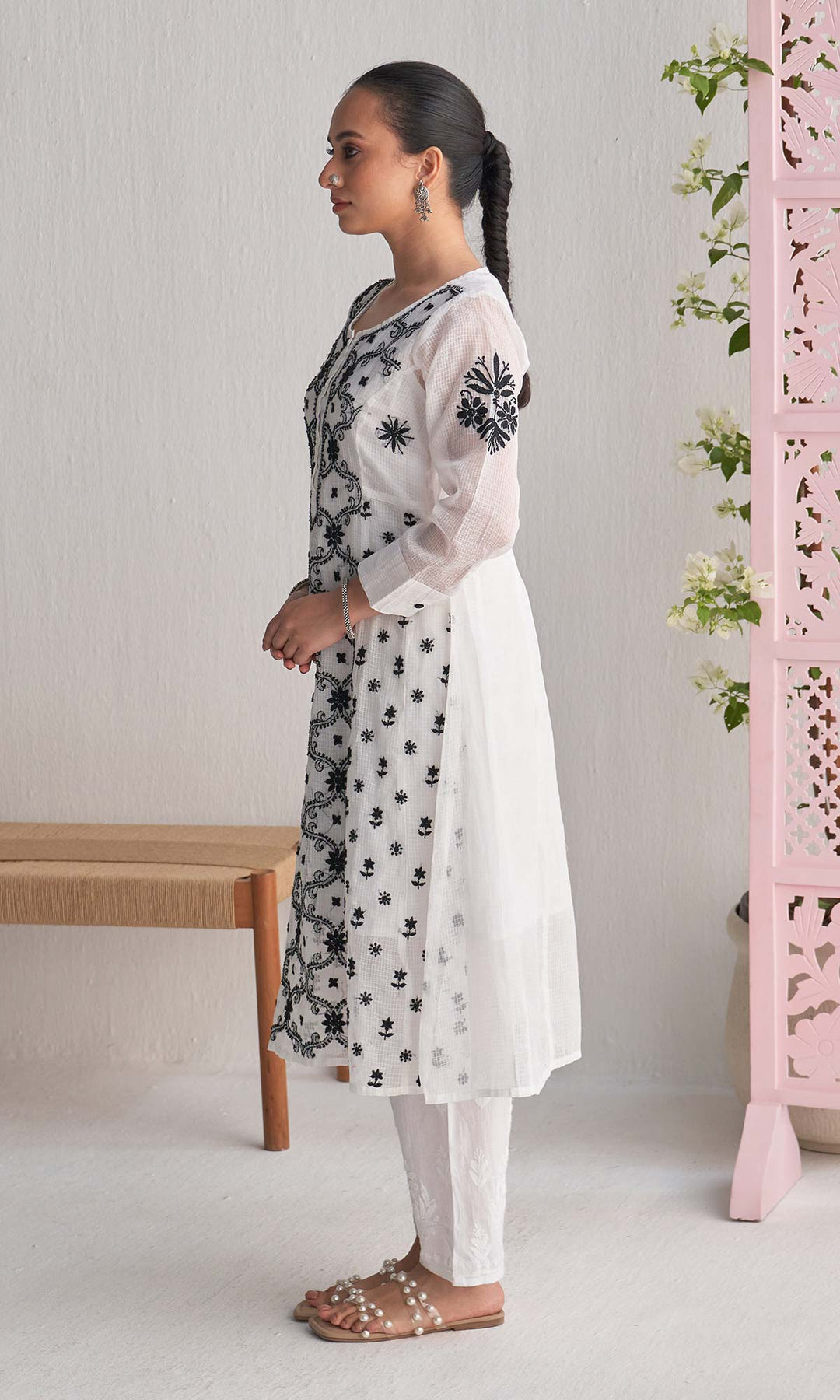 Handcrafted Chikankari White  A-Line with Inner