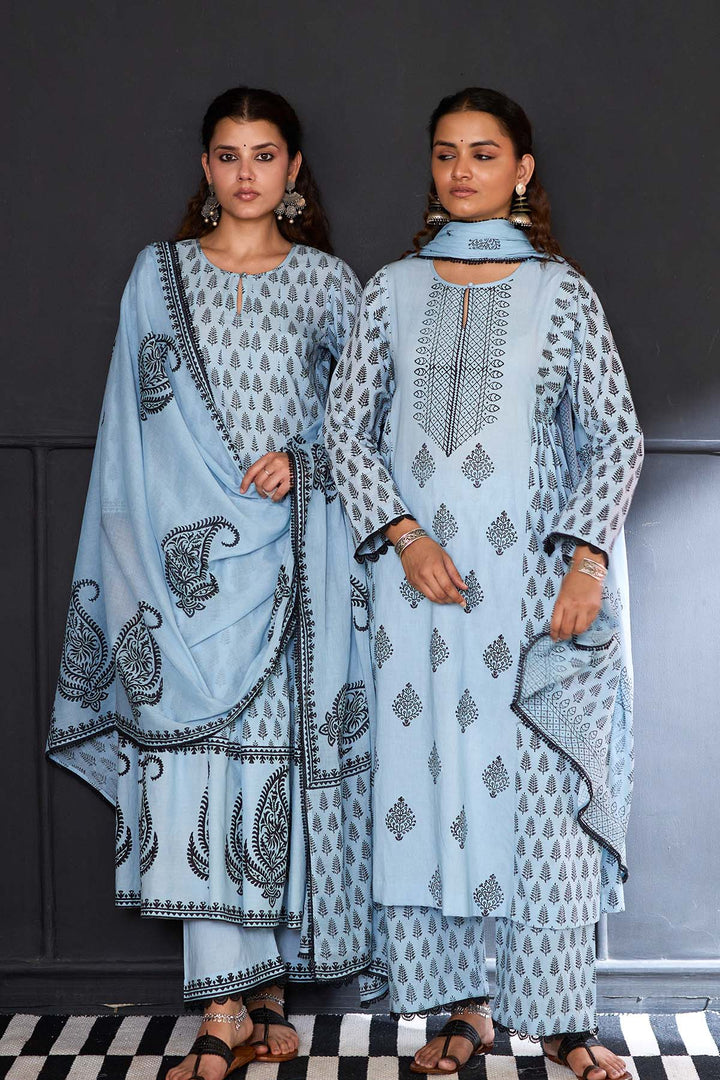 Siyahi blue Block printed side gather kurta with palazzo and printed dupatta ( set of 3 )