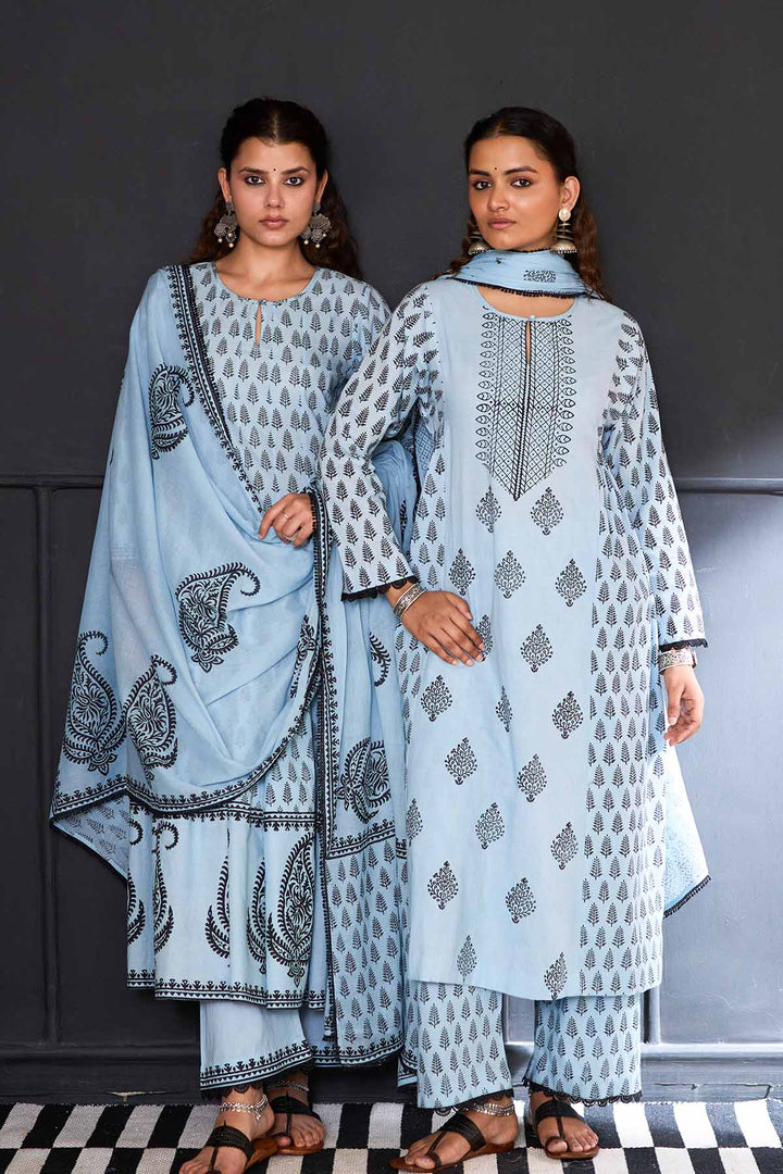 Siyahi blue block printed anarkali with solid palazzo and printed dupatta ( set of 3 )