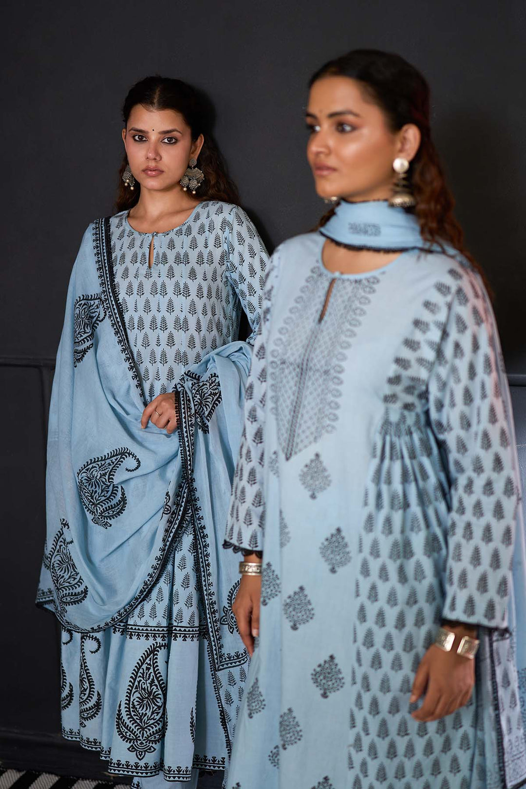 Siyahi blue block printed anarkali with solid palazzo and printed dupatta ( set of 3 )