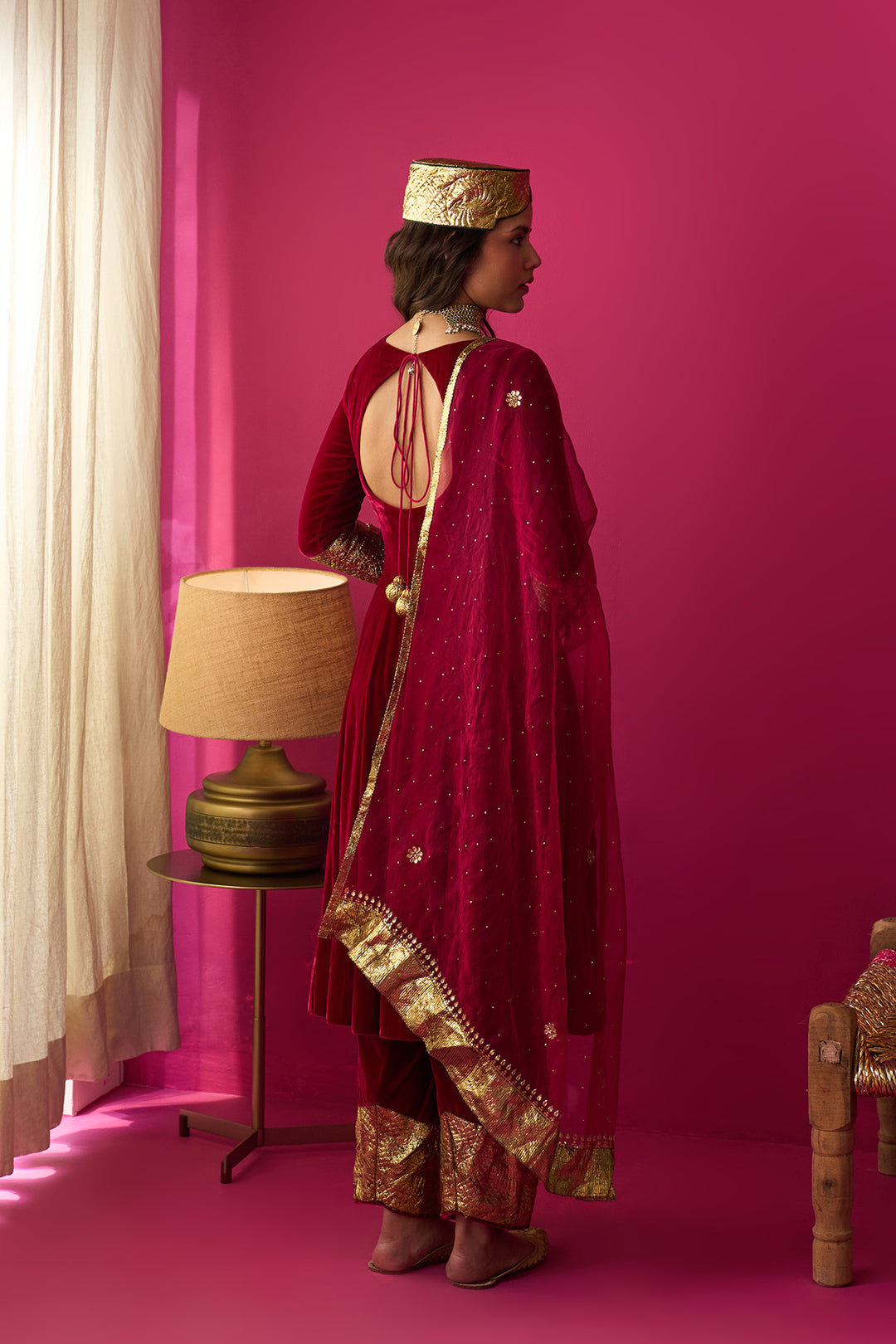 Nur pink silk velvet kurta with salwar and dupatta (set of 3)