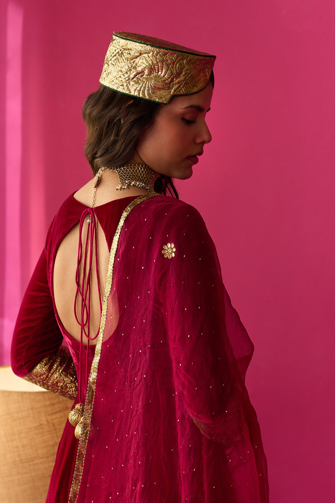 Nur pink silk velvet kurta with salwar and dupatta (set of 3)