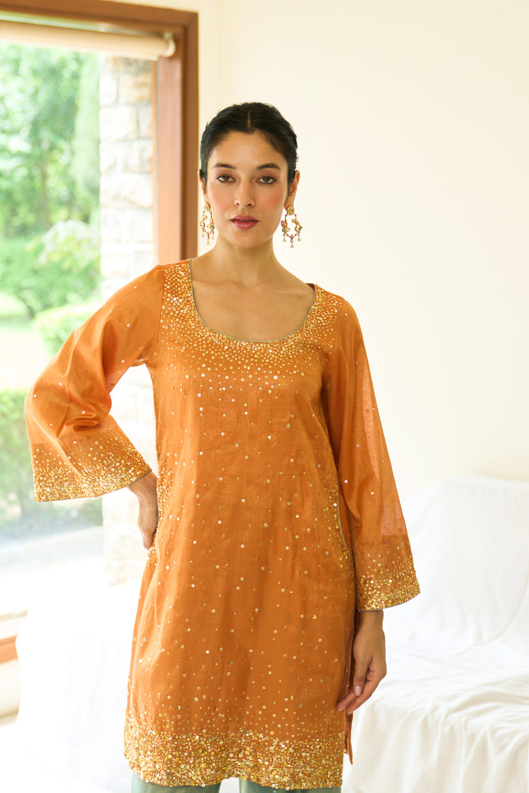 Saanjh sequins orange short straight kurta with palazzo and dupatta ( set of 3)