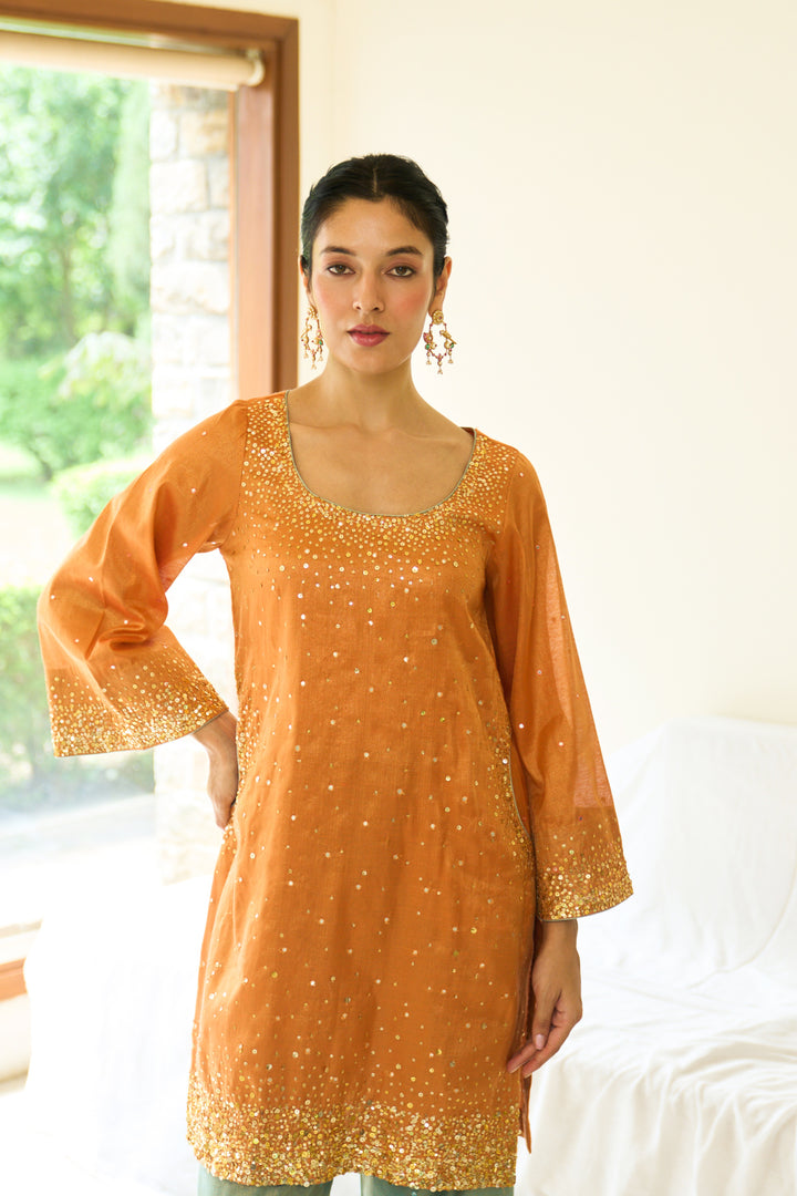 Saanjh sequins orange short straight kurta with palazzo and dupatta ( set of 3)