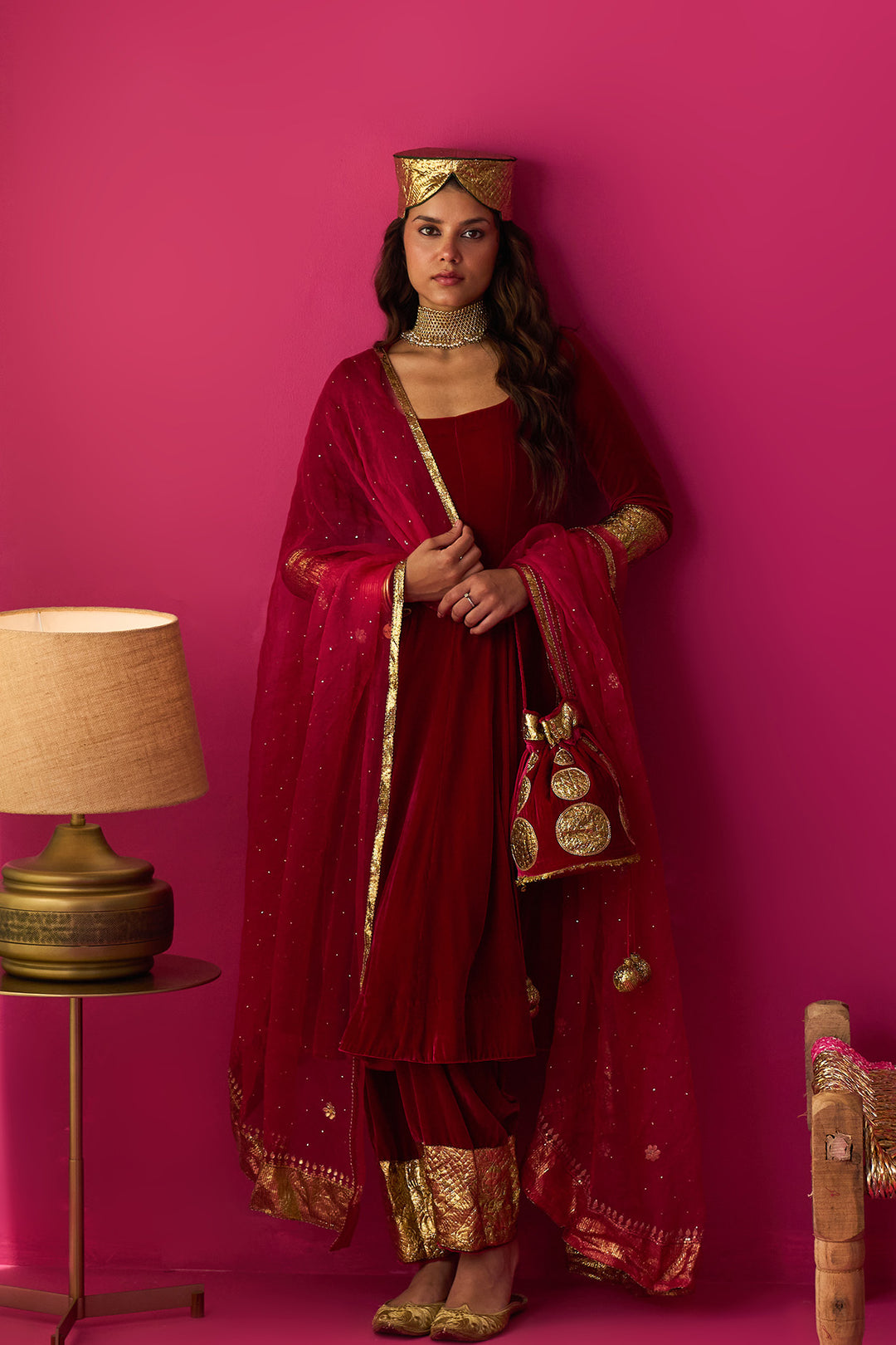 Nur pink silk velvet kurta with salwar and dupatta (set of 3)