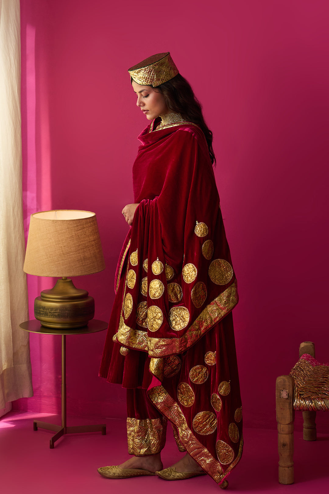 Nur pink silk velvet kurta with salwar and shawl (set of 3)