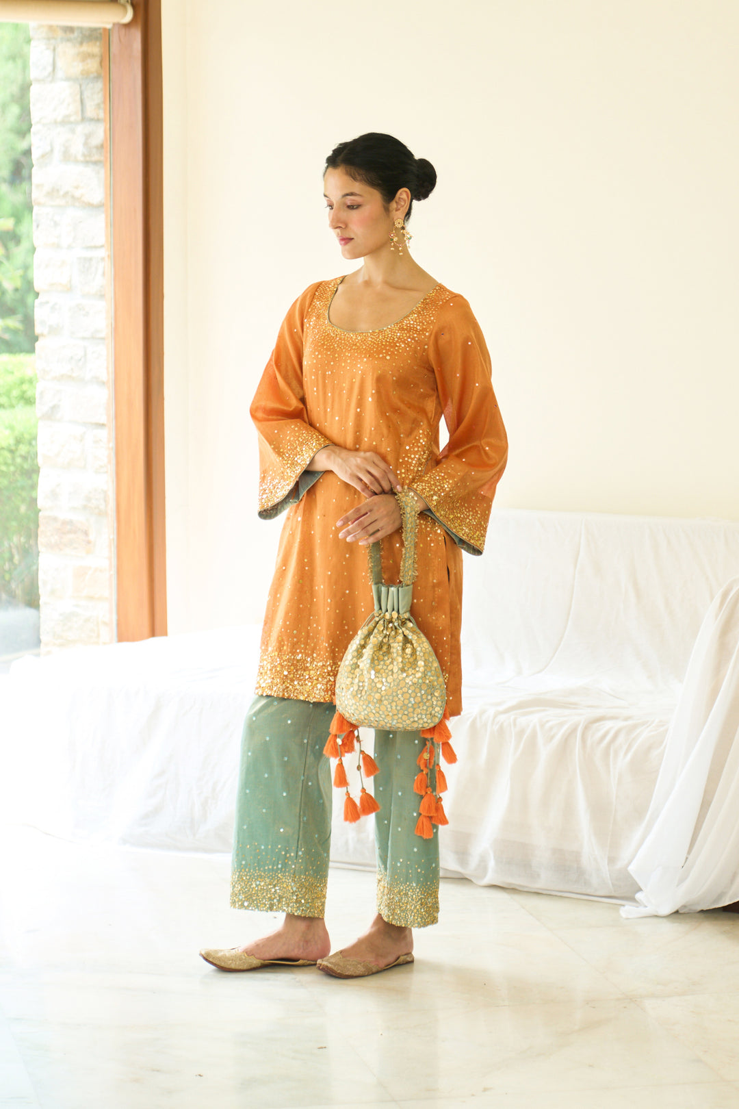Saanjh sequins orange short straight kurta with palazzo and dupatta ( set of 3)