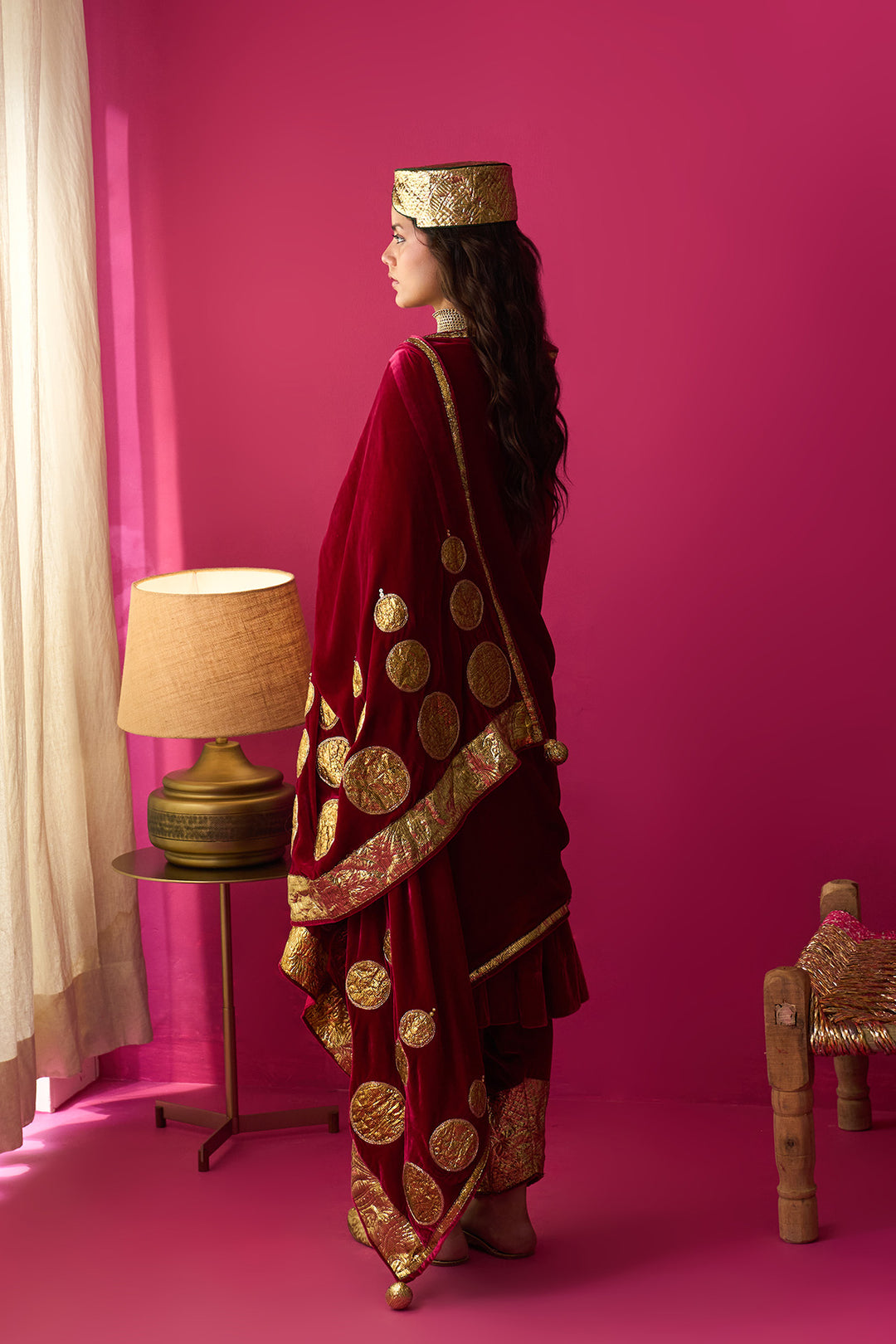 Nur pink silk velvet kurta with salwar and shawl (set of 3)