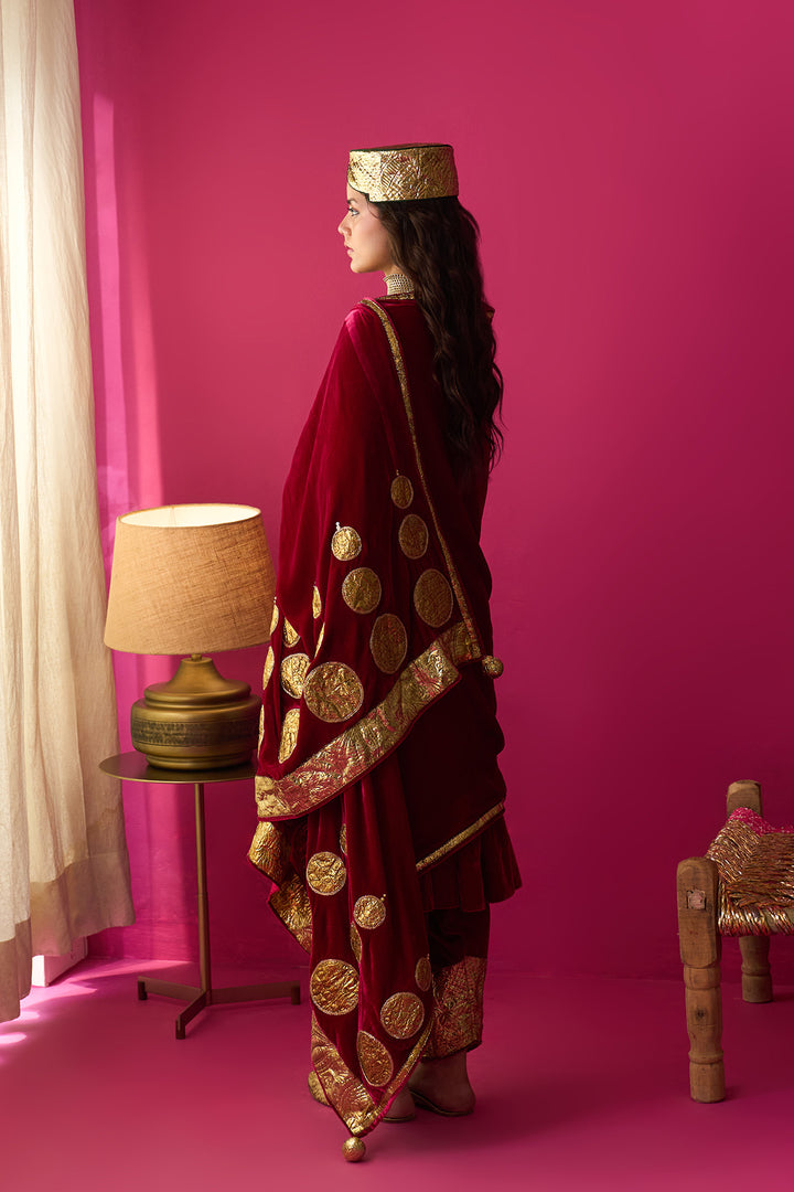 Nur pink silk velvet kurta with salwar and shawl (set of 3)