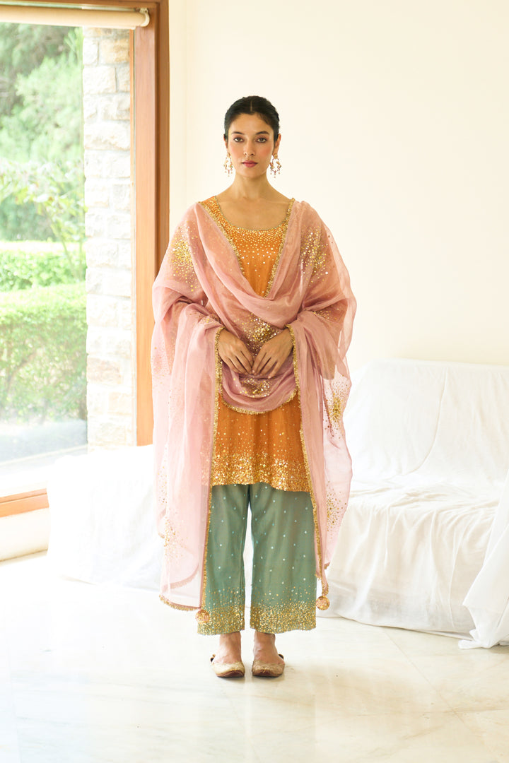 Saanjh sequins orange short straight kurta with palazzo and dupatta ( set of 3)