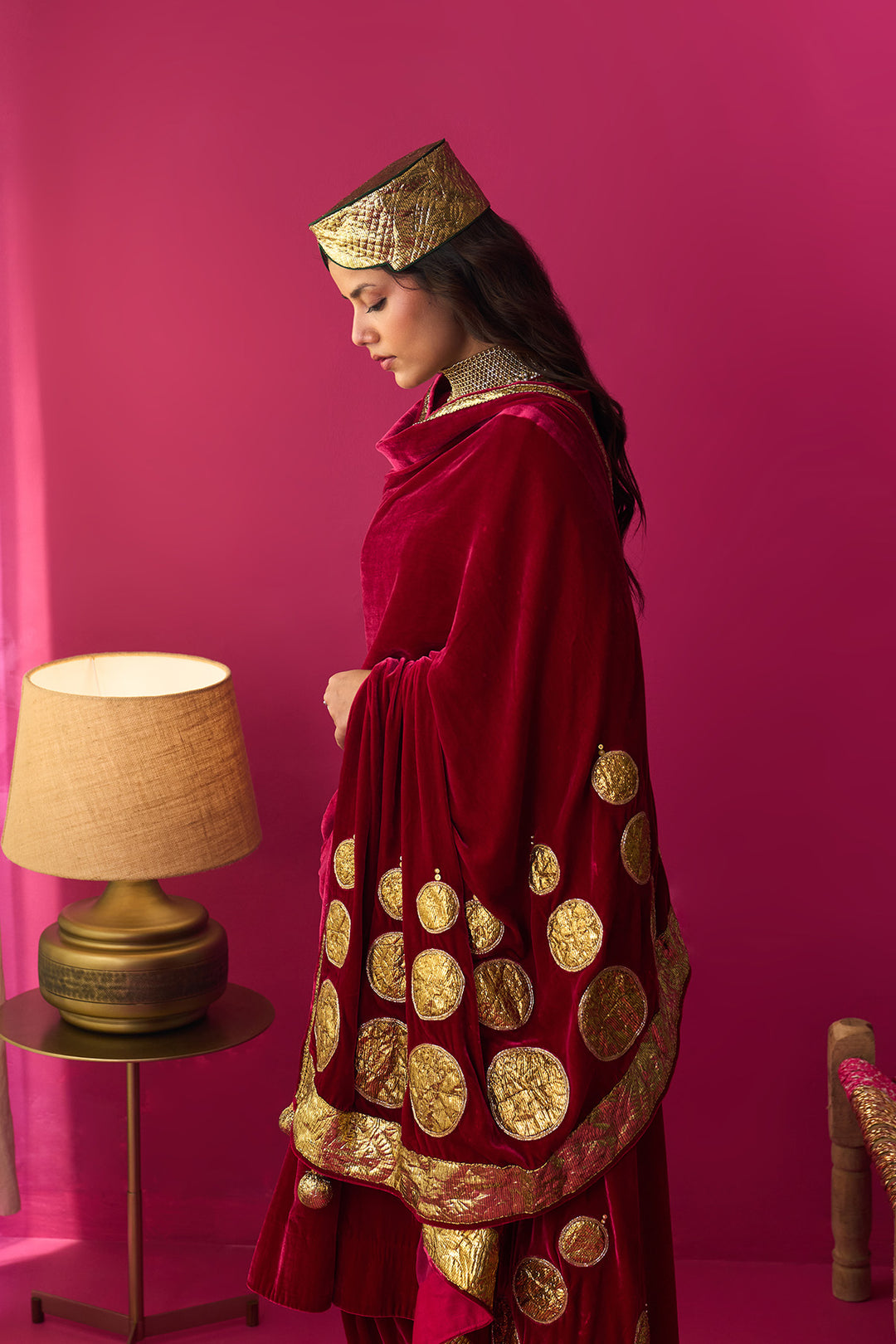 Nur pink silk velvet kurta with salwar and shawl (set of 3)