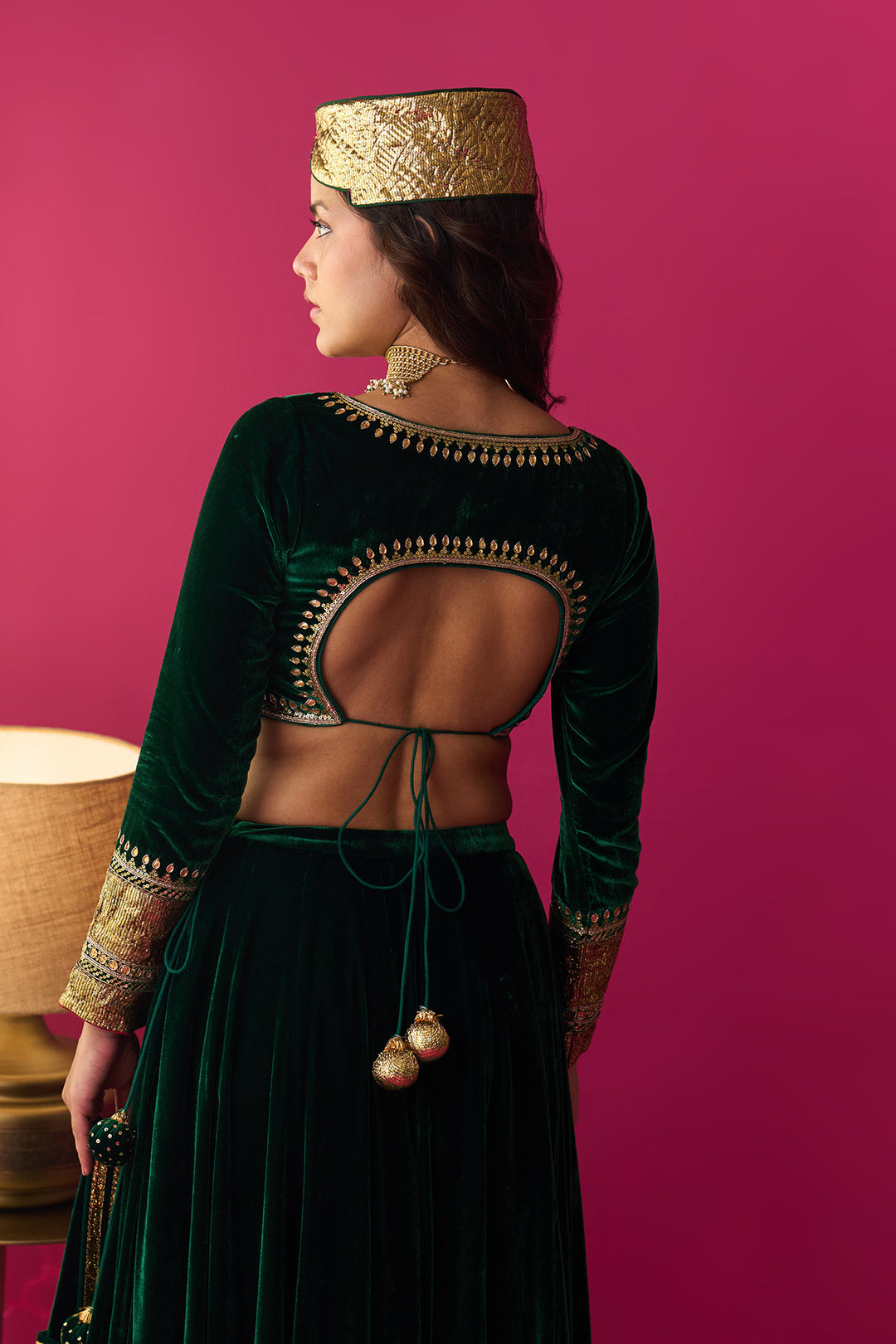 Nur green silk velvet green embroidered lehenga with blouse and dupatta (set of 3)