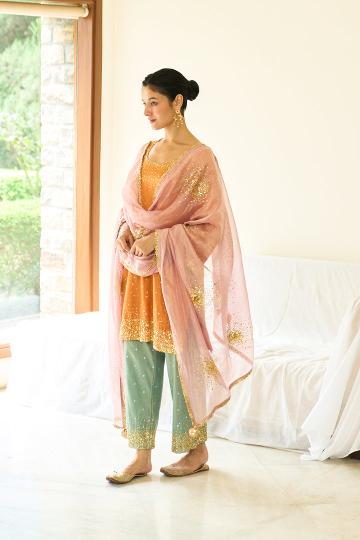 Saanjh sequins orange short straight kurta with palazzo and dupatta ( set of 3)