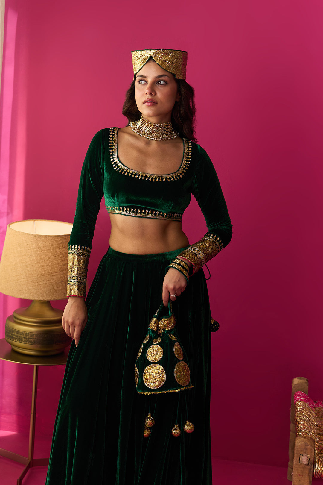 Nur green silk velvet green embroidered lehenga with blouse and dupatta (set of 3)