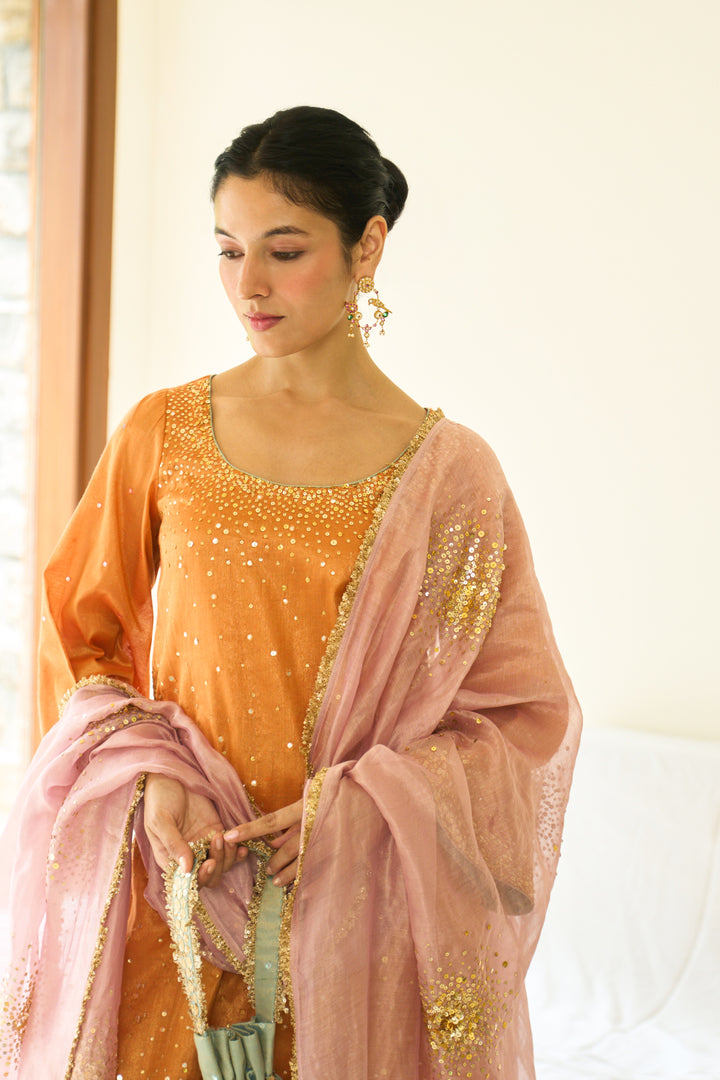 Saanjh sequins orange short straight kurta with palazzo and dupatta ( set of 3)