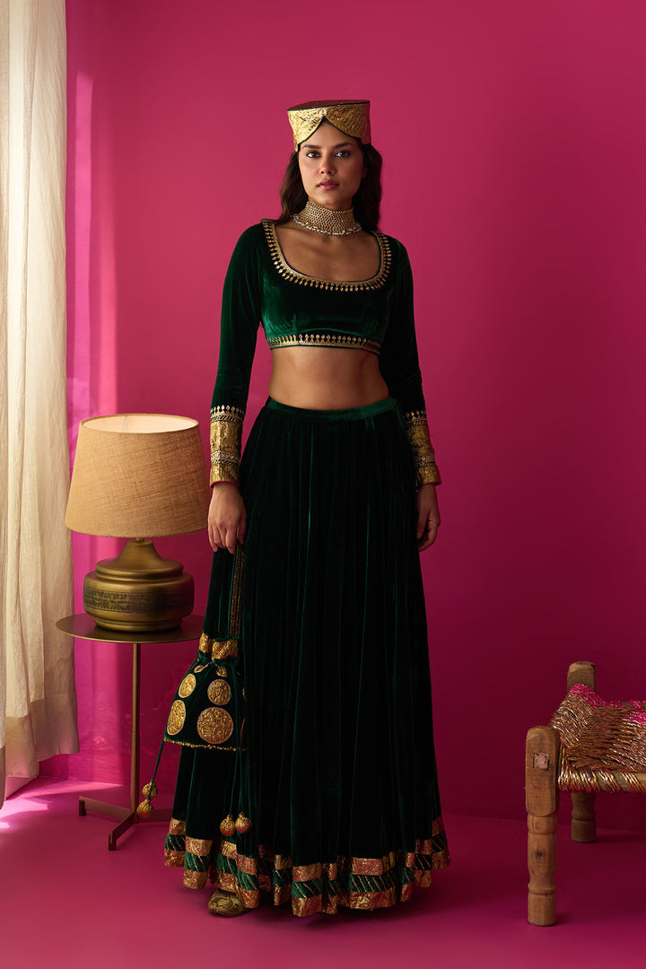 Nur green silk velvet green embroidered lehenga with blouse and dupatta (set of 3)
