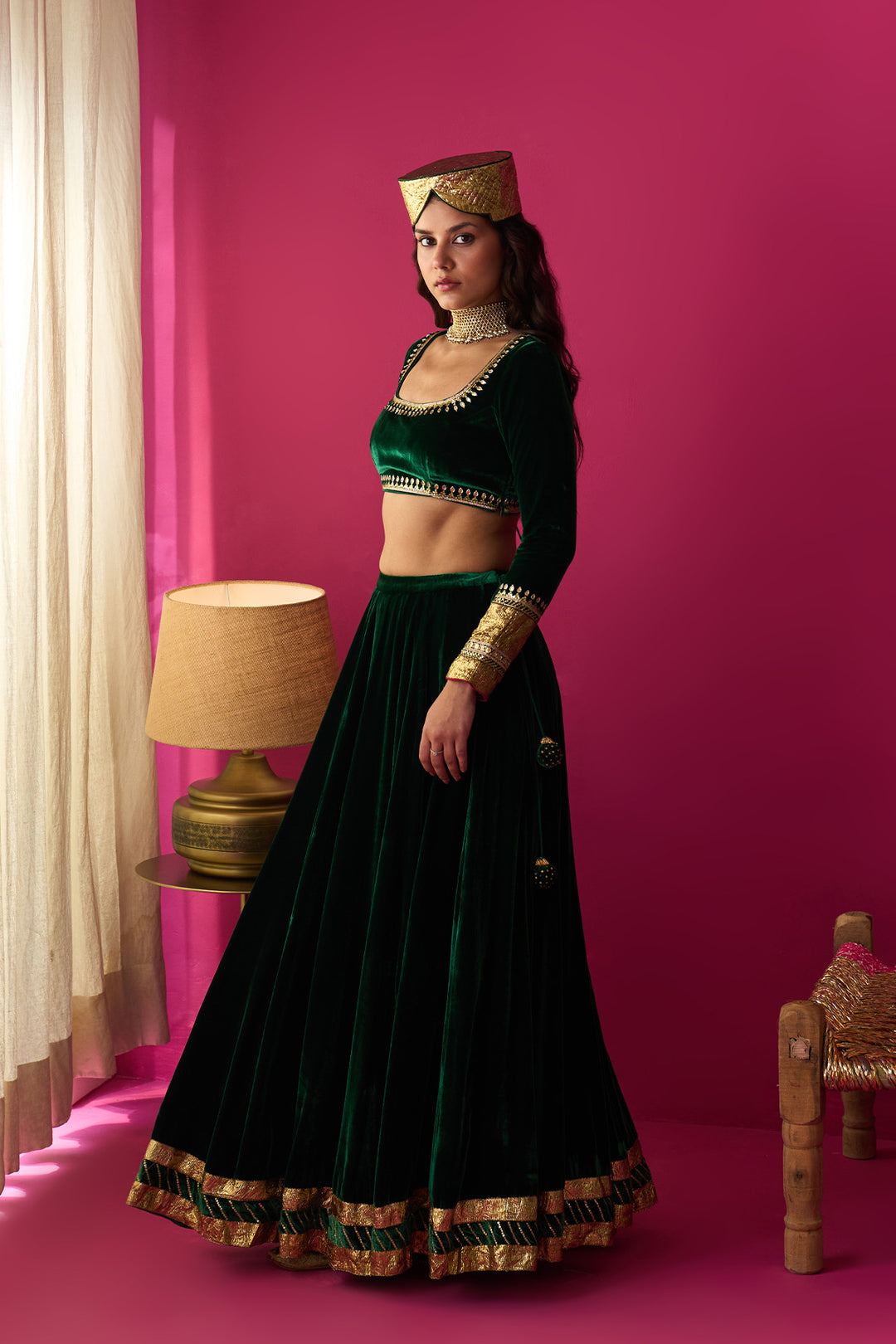 Nur green silk velvet green embroidered lehenga with blouse and dupatta (set of 3)