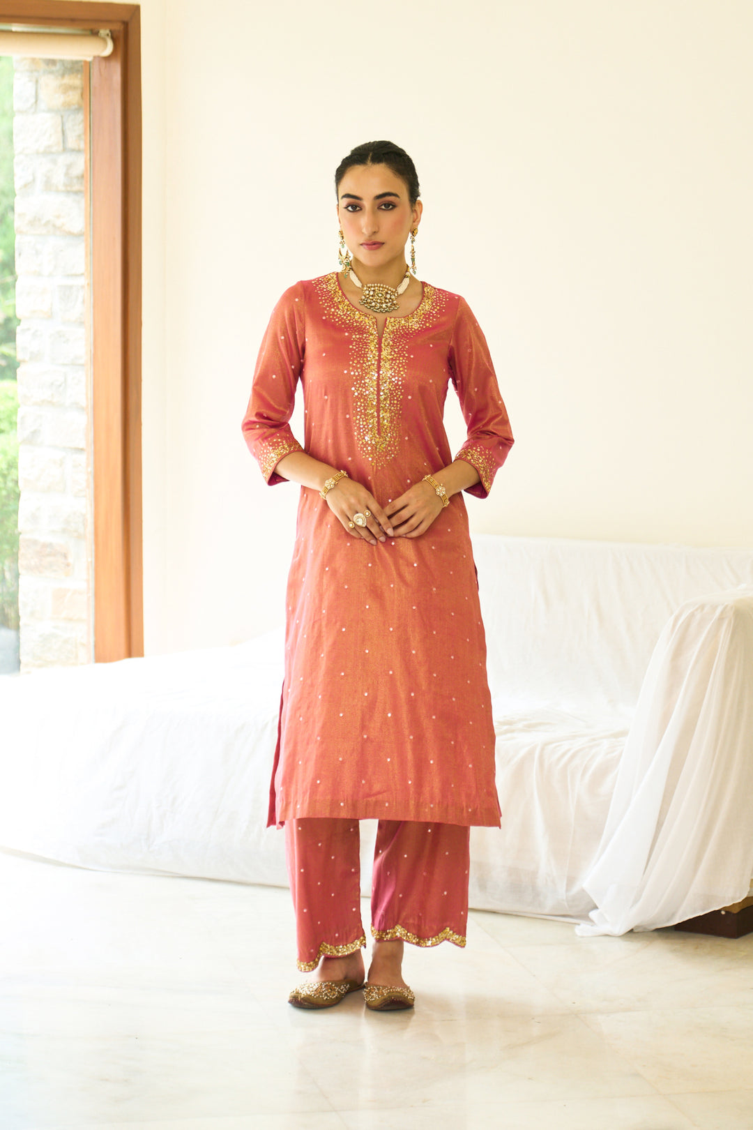 Saanjh sequins pink kurta with palazzo and dupatta ( set of 3)
