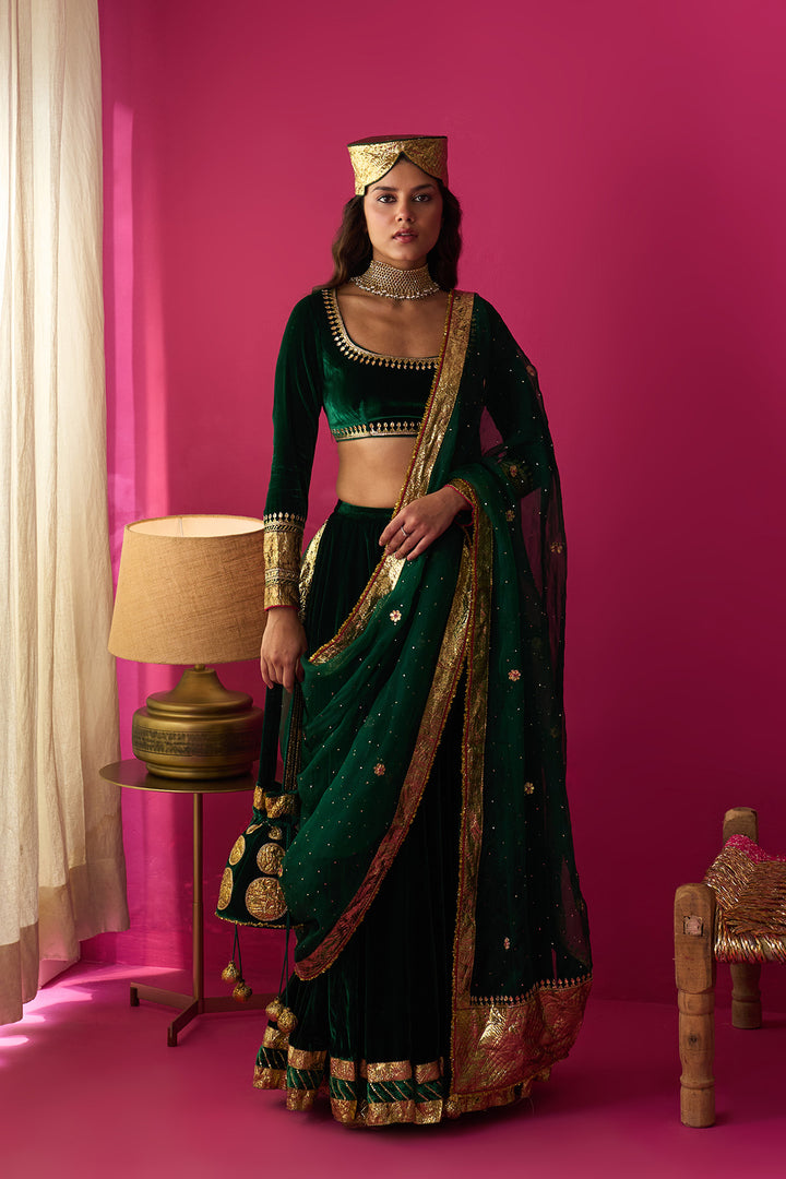Nur green silk velvet green embroidered lehenga with blouse and dupatta (set of 3)