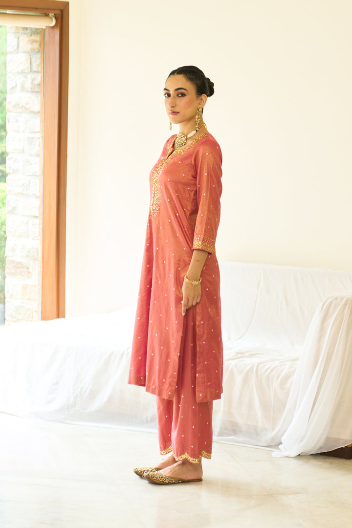 Saanjh sequins pink kurta with palazzo and dupatta ( set of 3)