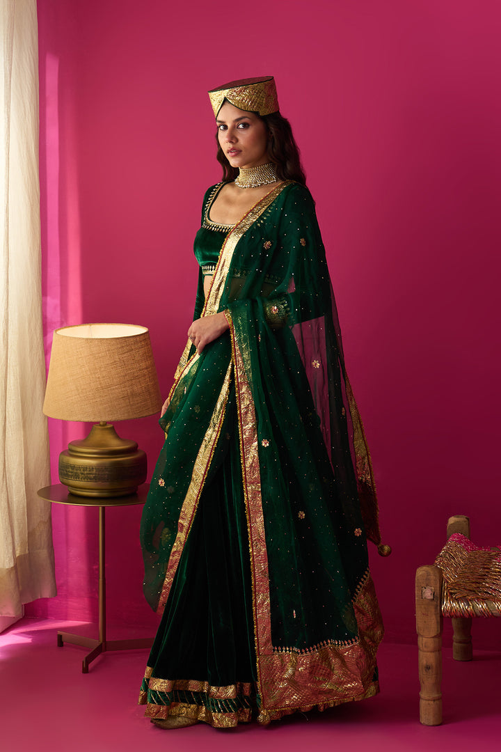 Nur green silk velvet green embroidered lehenga with blouse and dupatta (set of 3)