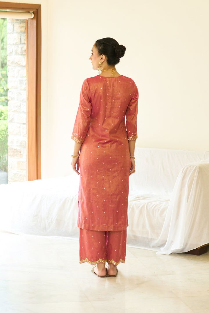 Saanjh sequins pink kurta with palazzo and dupatta ( set of 3)