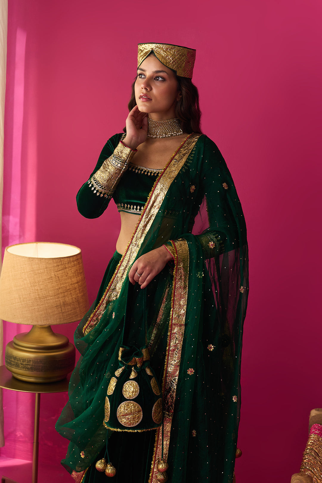 Nur green silk velvet green embroidered lehenga with blouse and dupatta (set of 3)