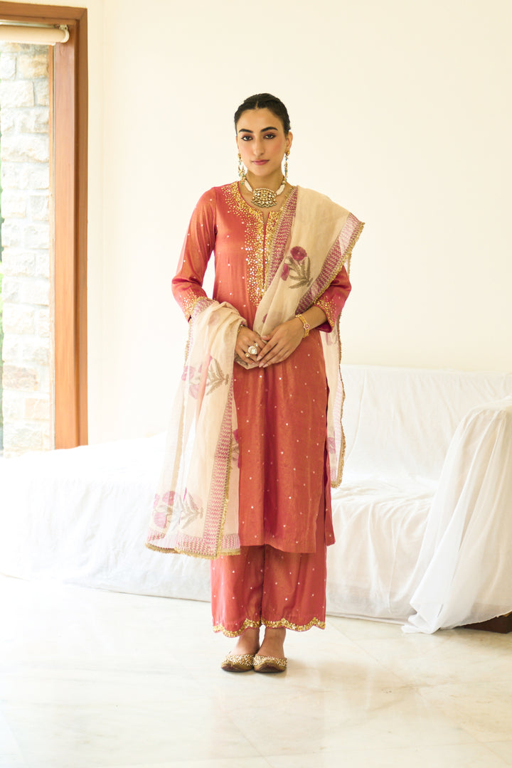 Saanjh sequins pink kurta with palazzo and dupatta ( set of 3)