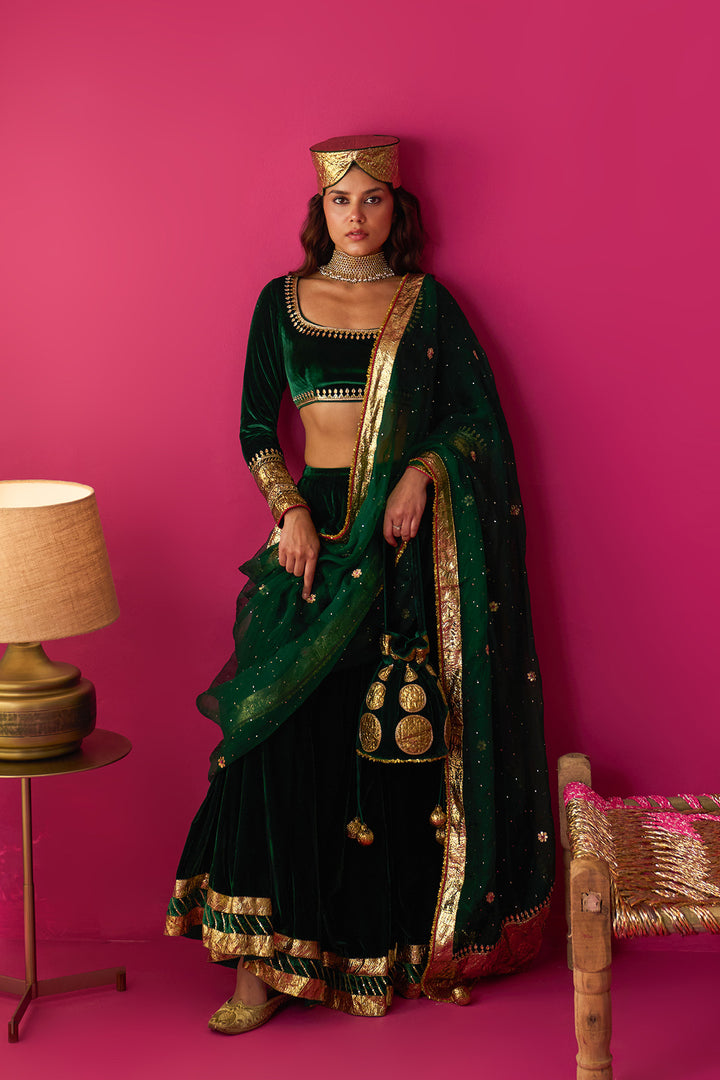 Nur green silk velvet green embroidered lehenga with blouse and dupatta (set of 3)