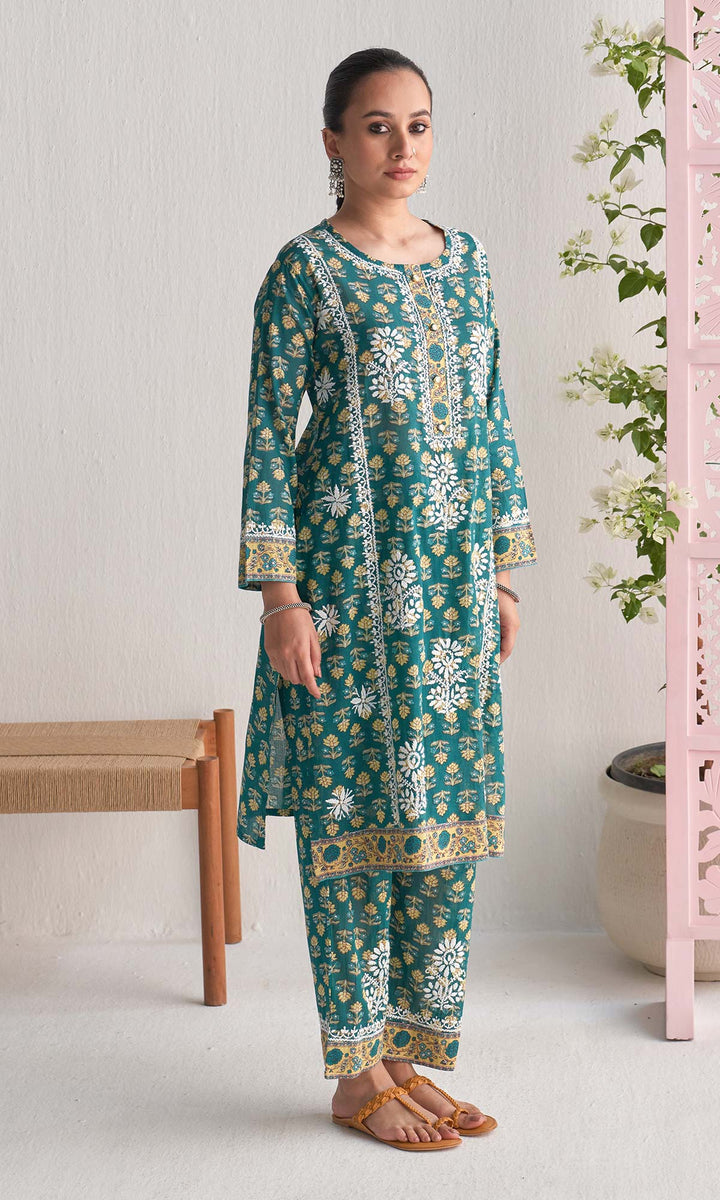 Handcrafted Chikankari Blue 2PC Kurta-Pant Set