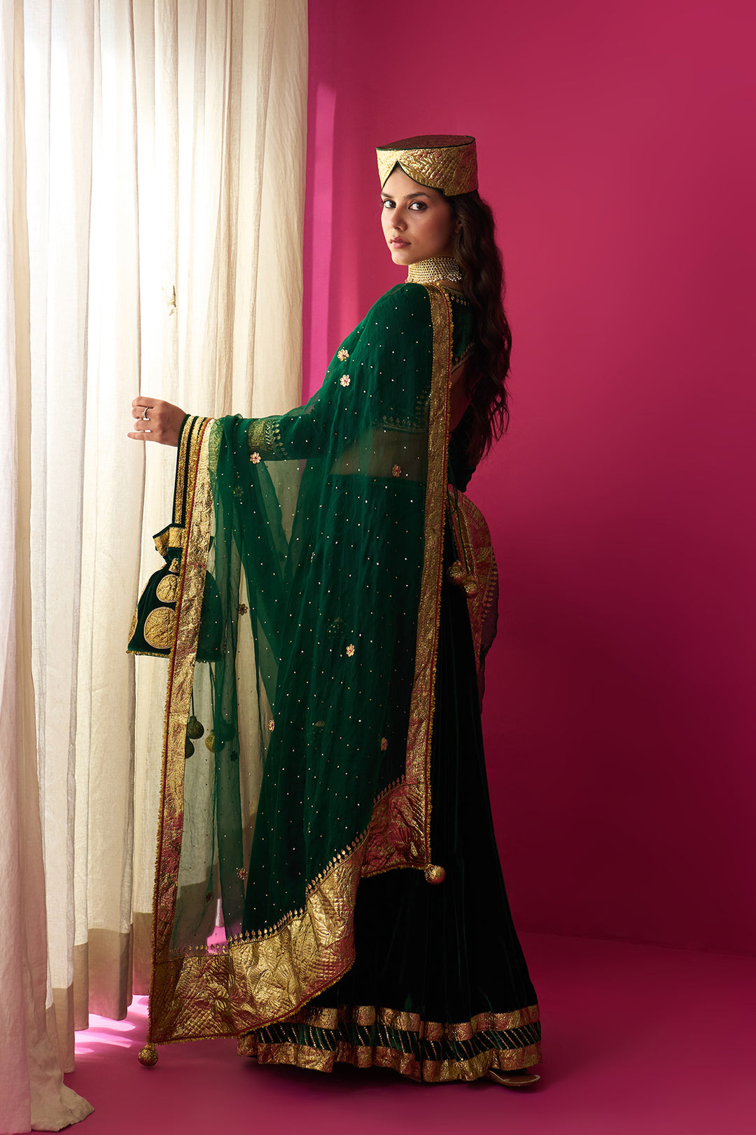 Nur green silk velvet green embroidered lehenga with blouse and dupatta (set of 3)