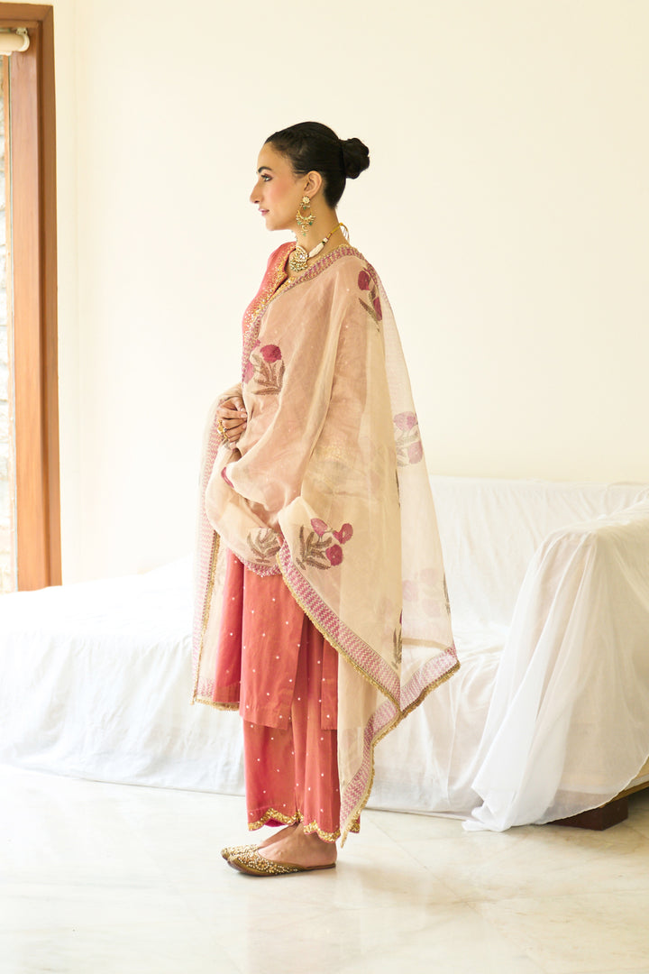 Saanjh sequins pink kurta with palazzo and dupatta ( set of 3)