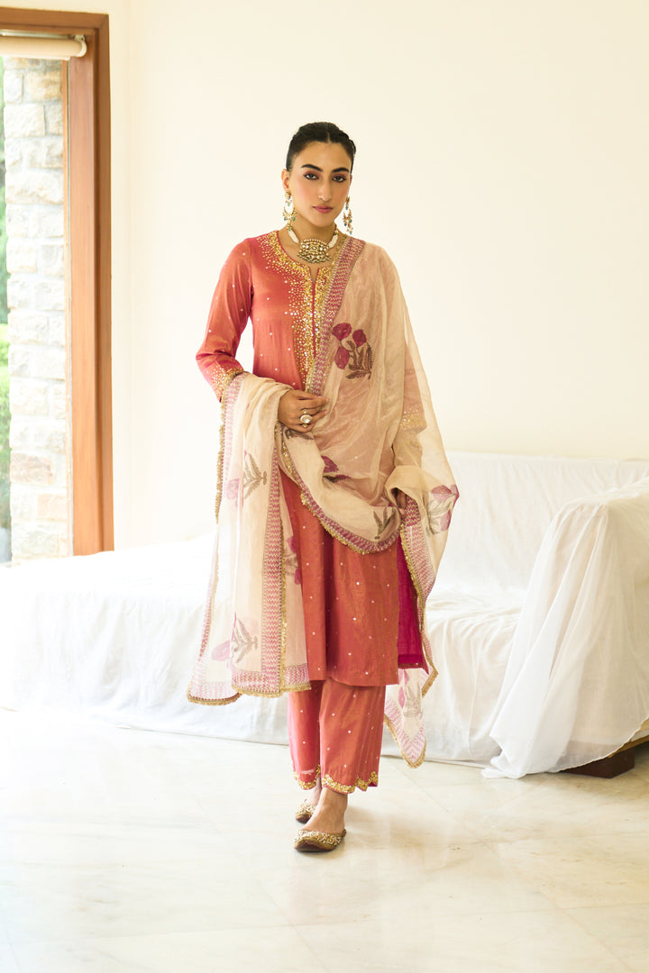 Saanjh sequins pink kurta with palazzo and dupatta ( set of 3)