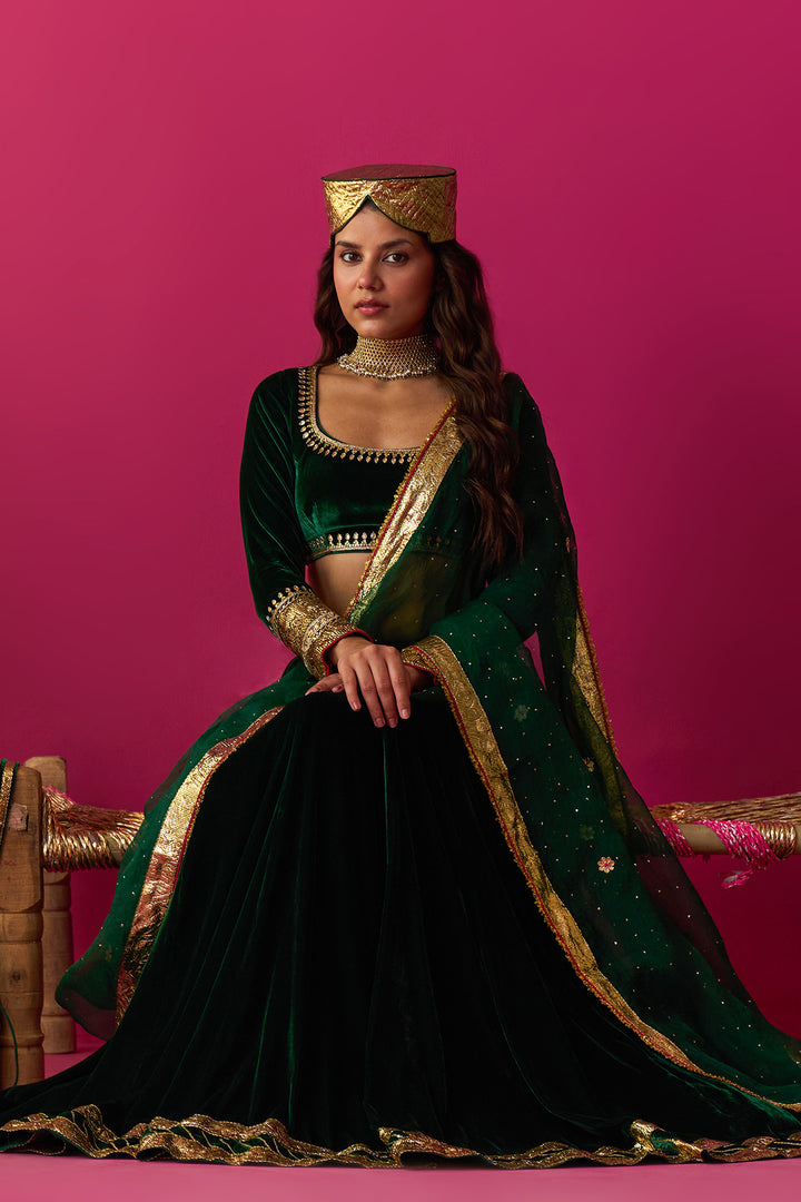 Nur green silk velvet green embroidered lehenga with blouse and dupatta (set of 3)