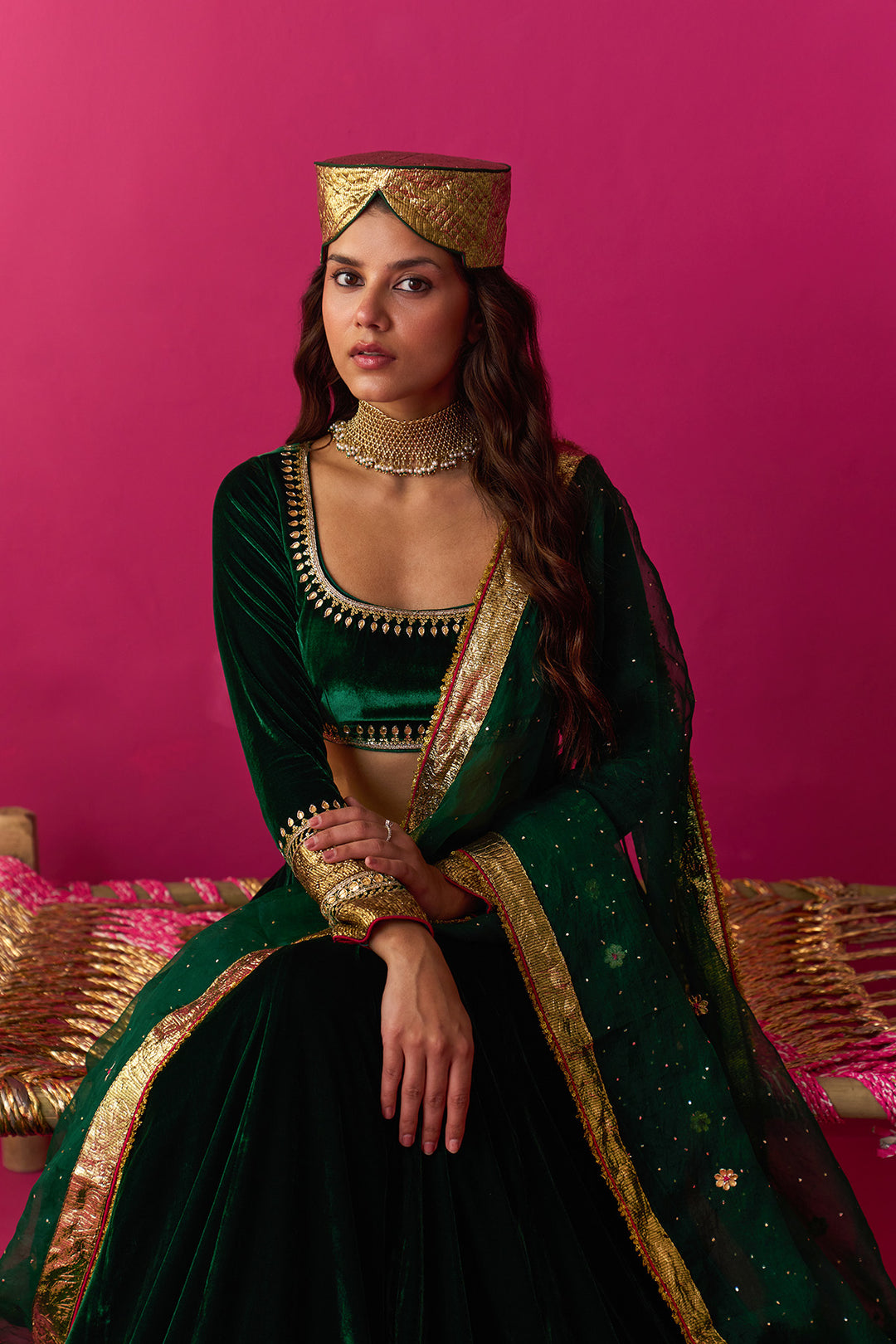 Nur green silk velvet green embroidered lehenga with blouse and dupatta (set of 3)