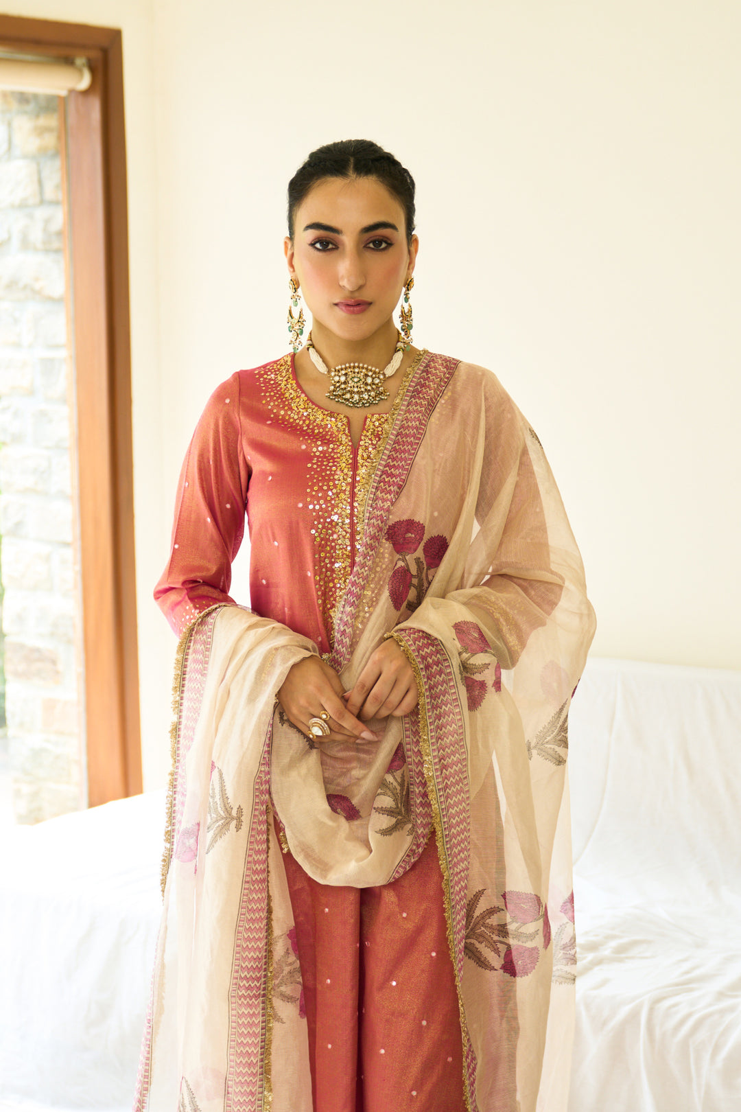 Saanjh sequins pink kurta with palazzo and dupatta ( set of 3)