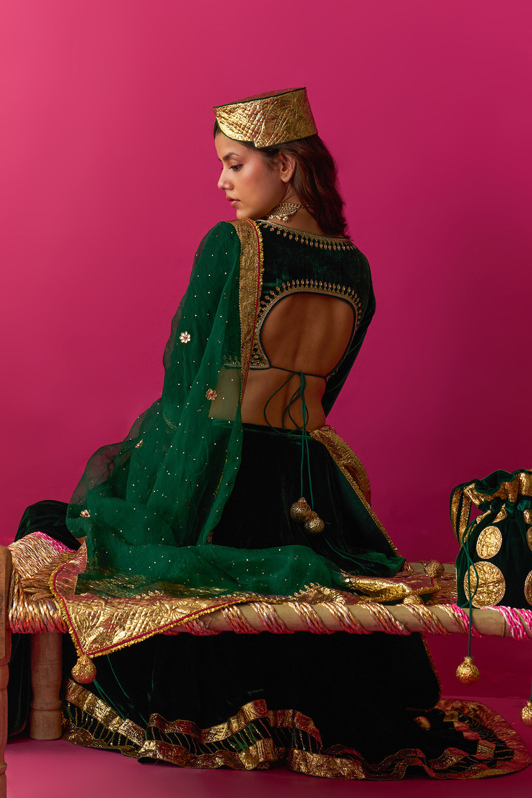 Nur green silk velvet green embroidered lehenga with blouse and dupatta (set of 3)