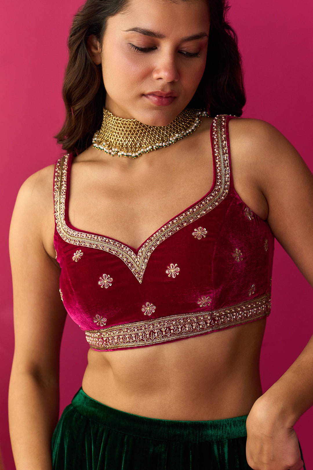 Nur silk velvet embroidered green lehenga with pink blouse and dupatta (set of 3)