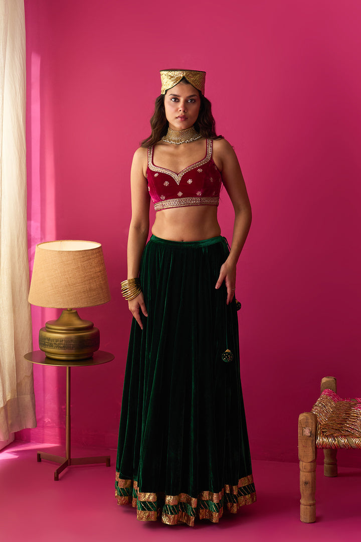 Nur silk velvet embroidered green lehenga with pink blouse and dupatta (set of 3)