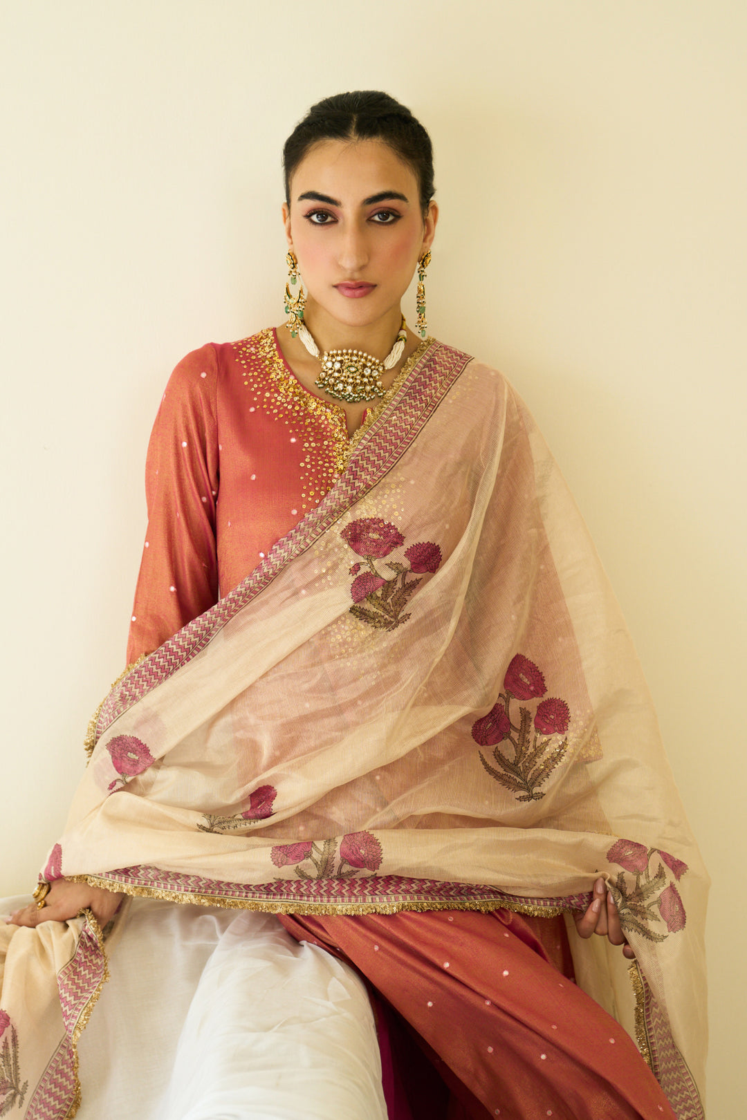 Saanjh sequins pink kurta with palazzo and dupatta ( set of 3)